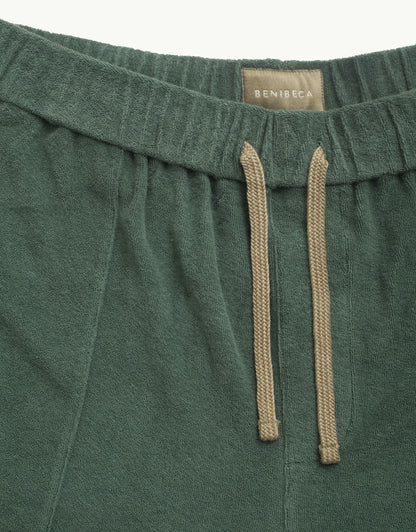 Versatile summer luxury shorts with a towel-like feel, ideal for beach getaways or nights out. Made from 100% certified organic cotton in green.