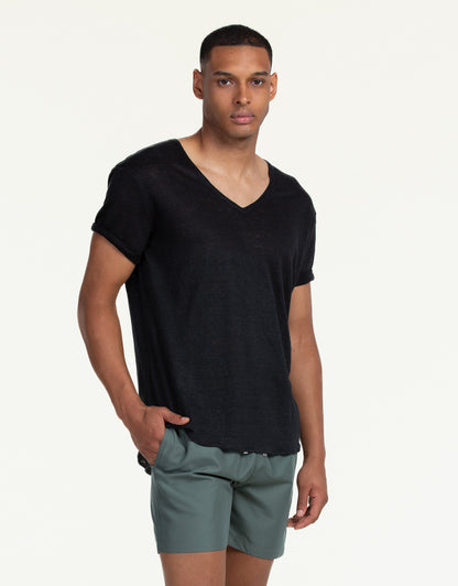 V-NECK PURE LINEN NEGRO