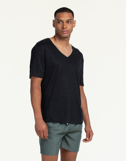 V-NECK PURE LINEN NEGRO