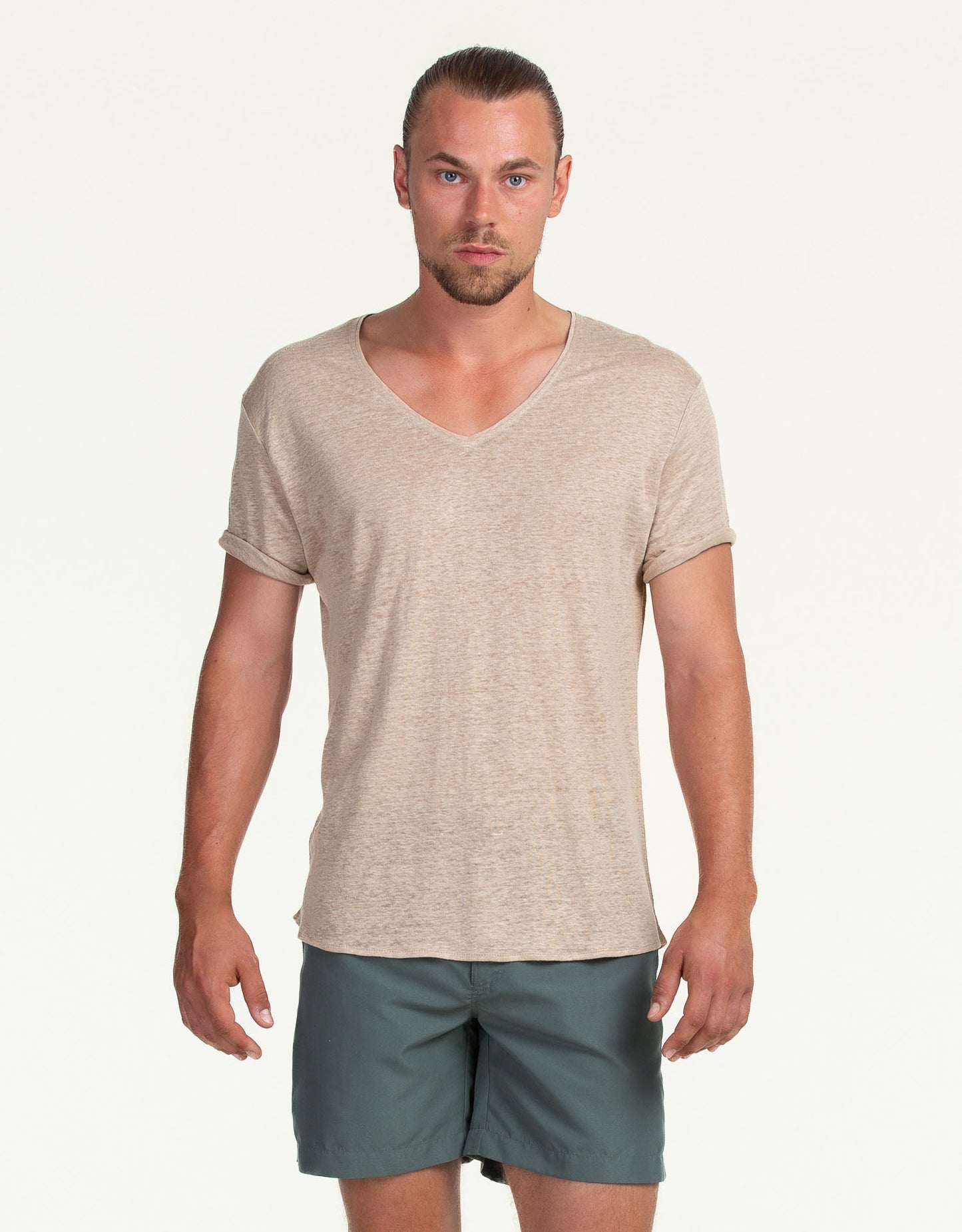 V-NECK PURE LINEN SAND