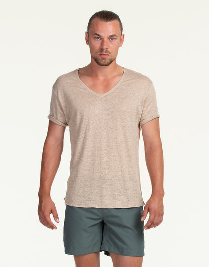 V-NECK PURE LINEN SAND