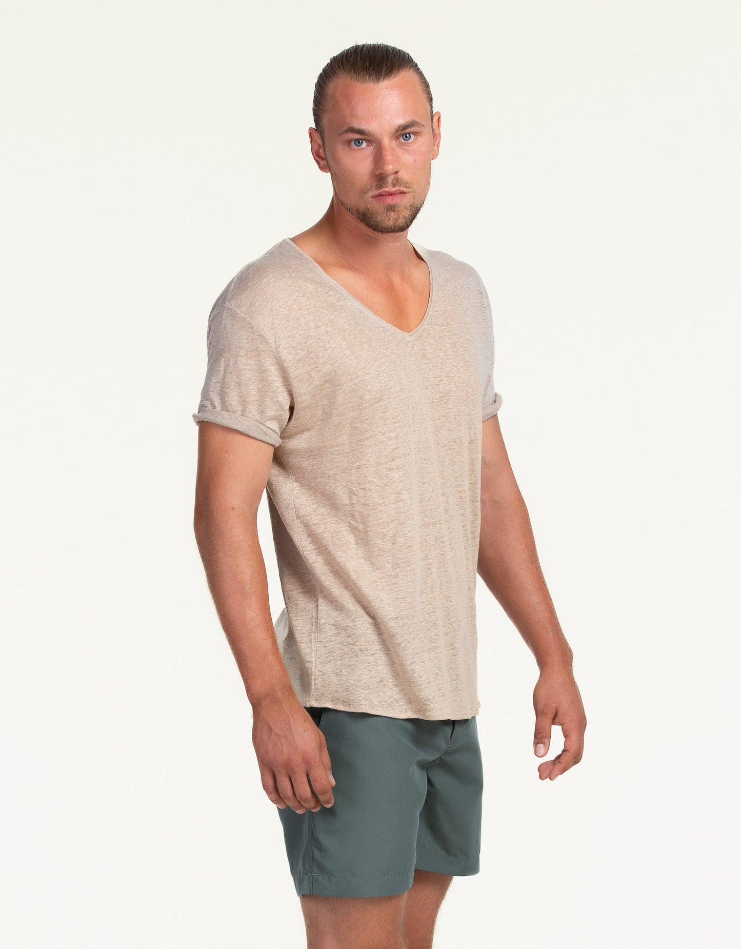 V-NECK PURE LINEN SAND